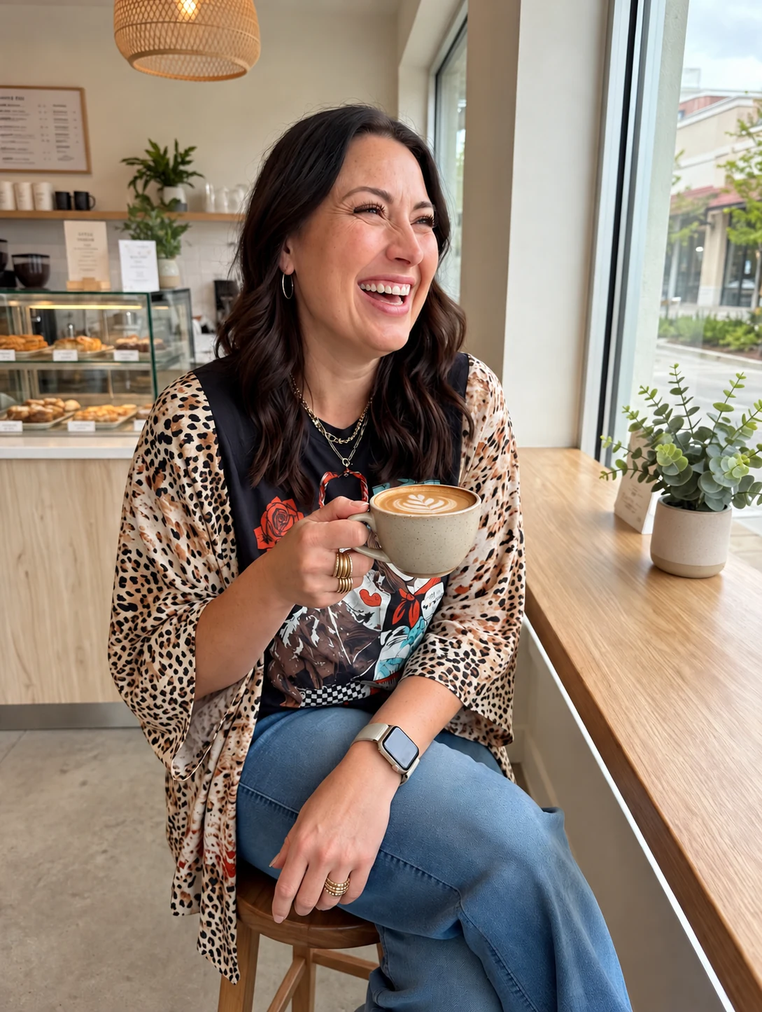 Jessica Peavey laughing over a latte at a cafe