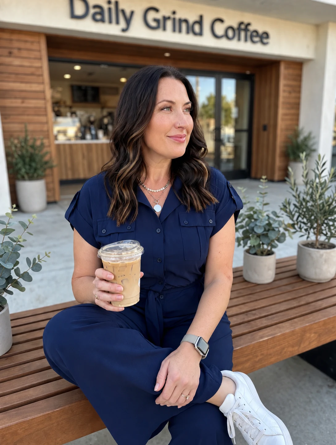 Jessica Peavey in a navy jumpsuit holding an iced coffee outside a cafe